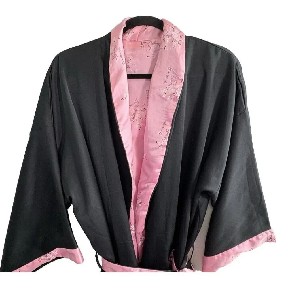JAPANESE Women Reversible Embroidered Dragon Kimono Robe One SZ Black‎ Pink 65-3